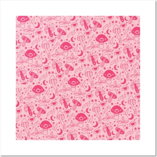 Cottagecore Mushroom Moon Pink Pattern Posters and Art